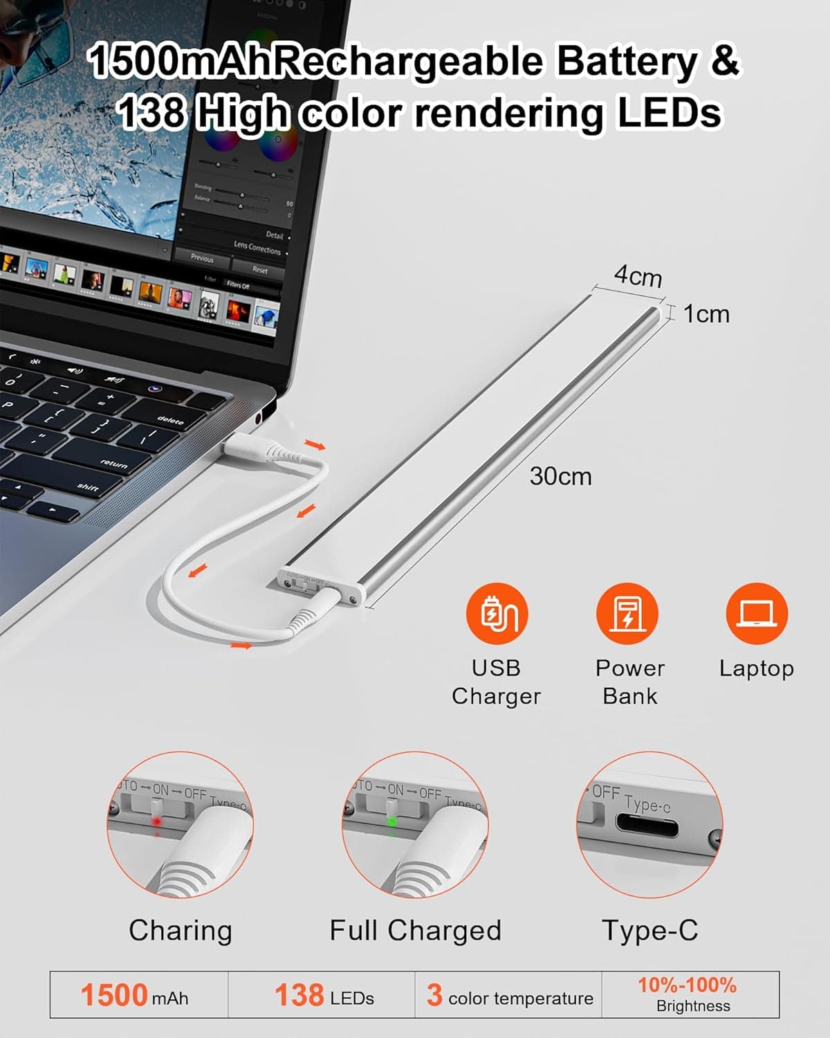 תאורת לד 11.8 אינץ נטענת עם חיישן תנועה - תמונה 3