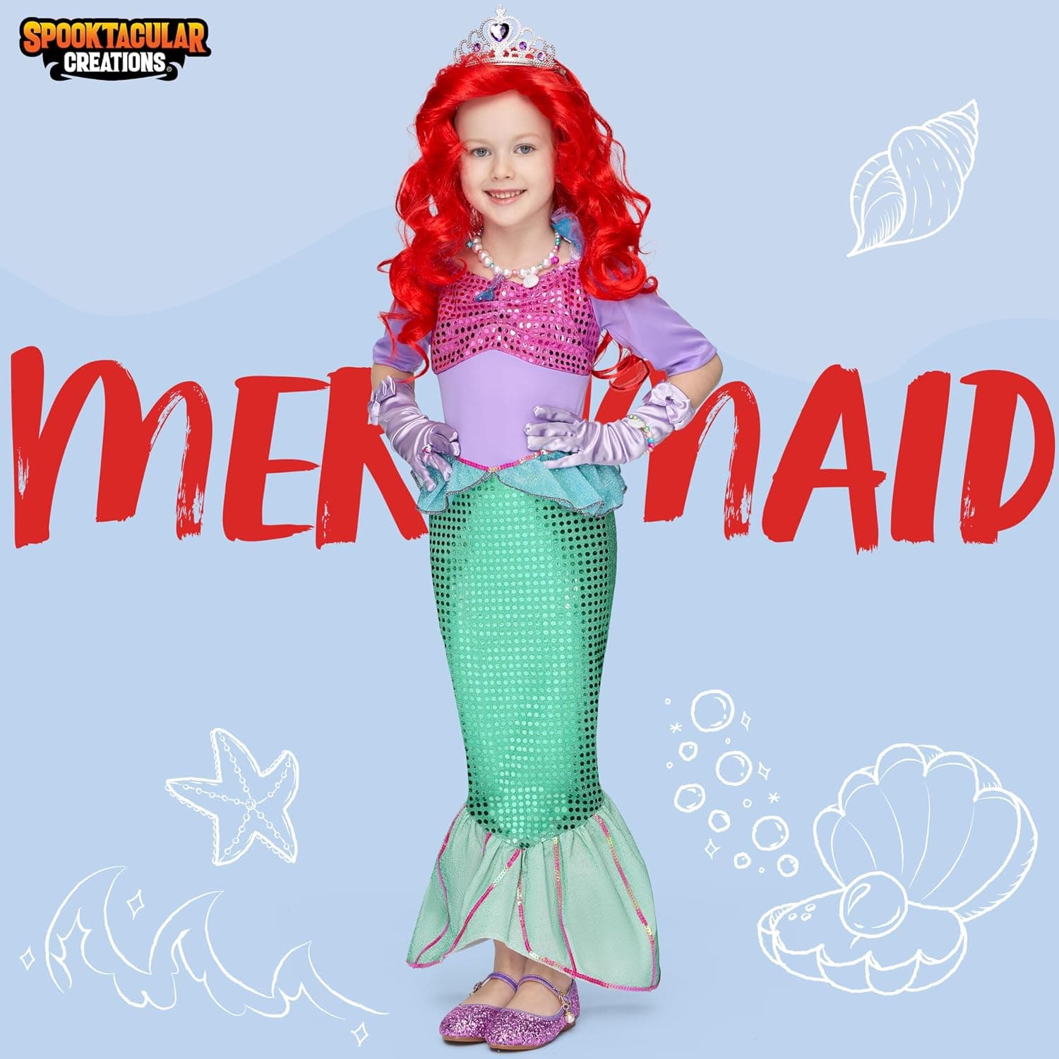 תחפושת אריאל בת הים הקטנה עם פיאה אדומה וסרט צדפים לראש לגילאים 5-12 - תמונה 2